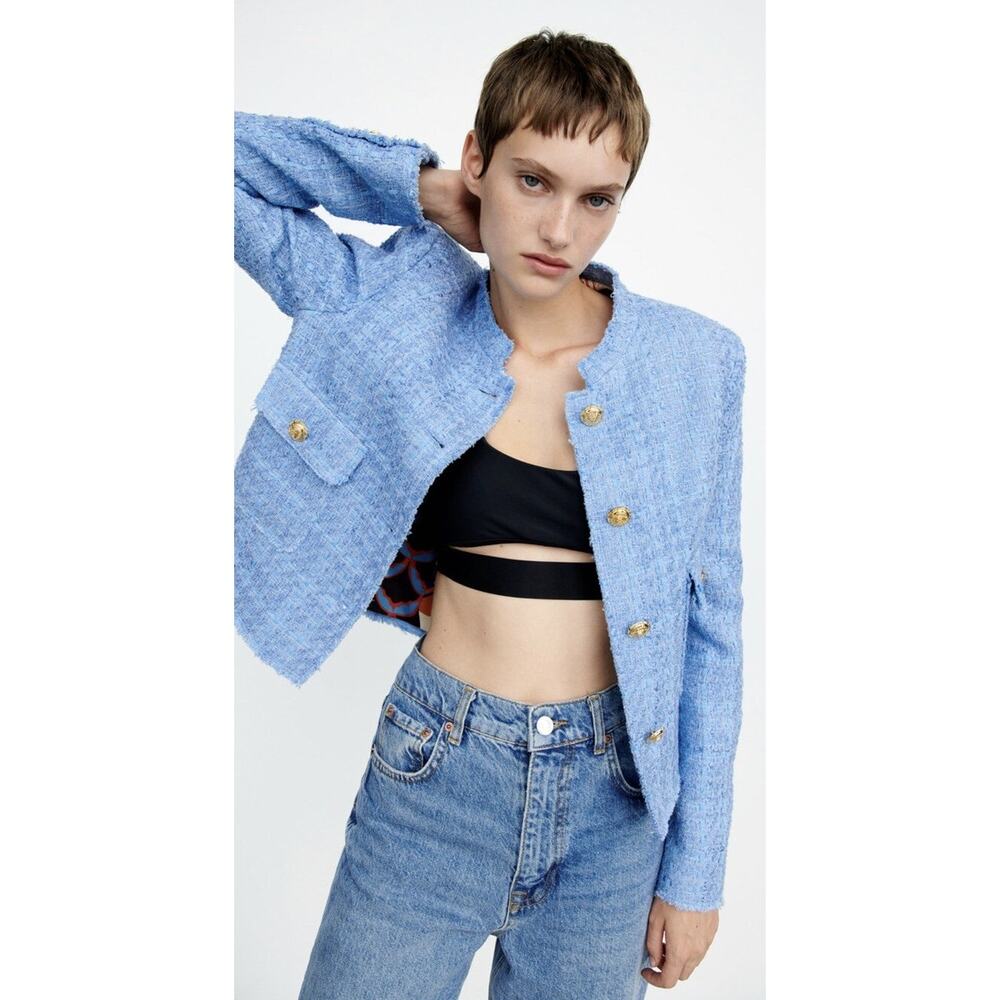 Zara Lined Textured Tweed Jacket Crop 8270/397 Sky Baby Blue XS